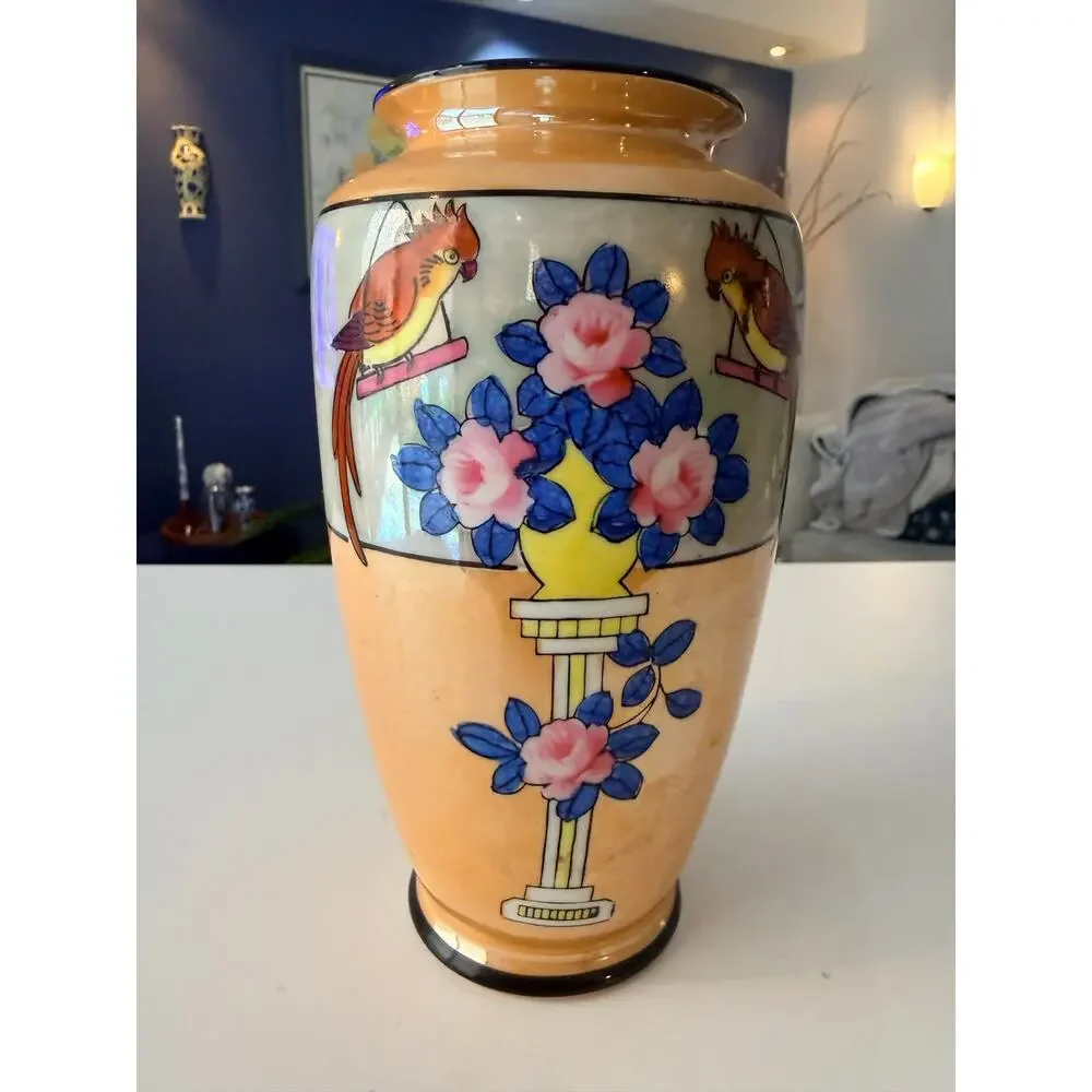 Vintage Hand Painted Japanese Lusterware Vase Parrots & Pink Roses 7.5